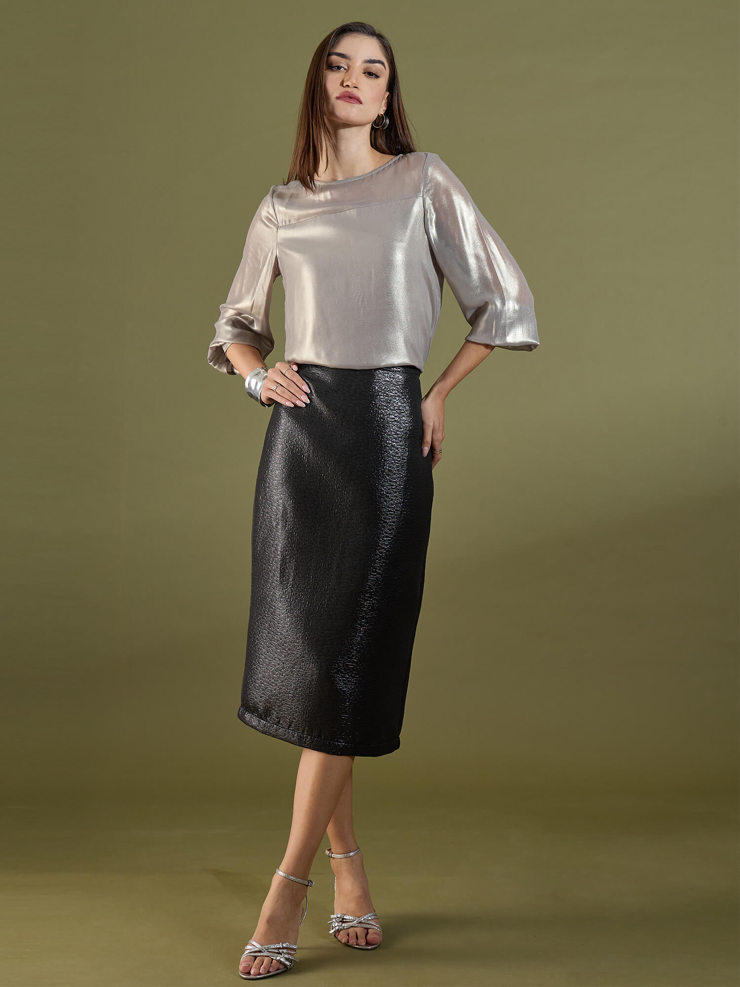 Anora Jacquard Pencil Skirt-Black