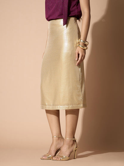 Clynn Gold Sequin straight skirt-Gold