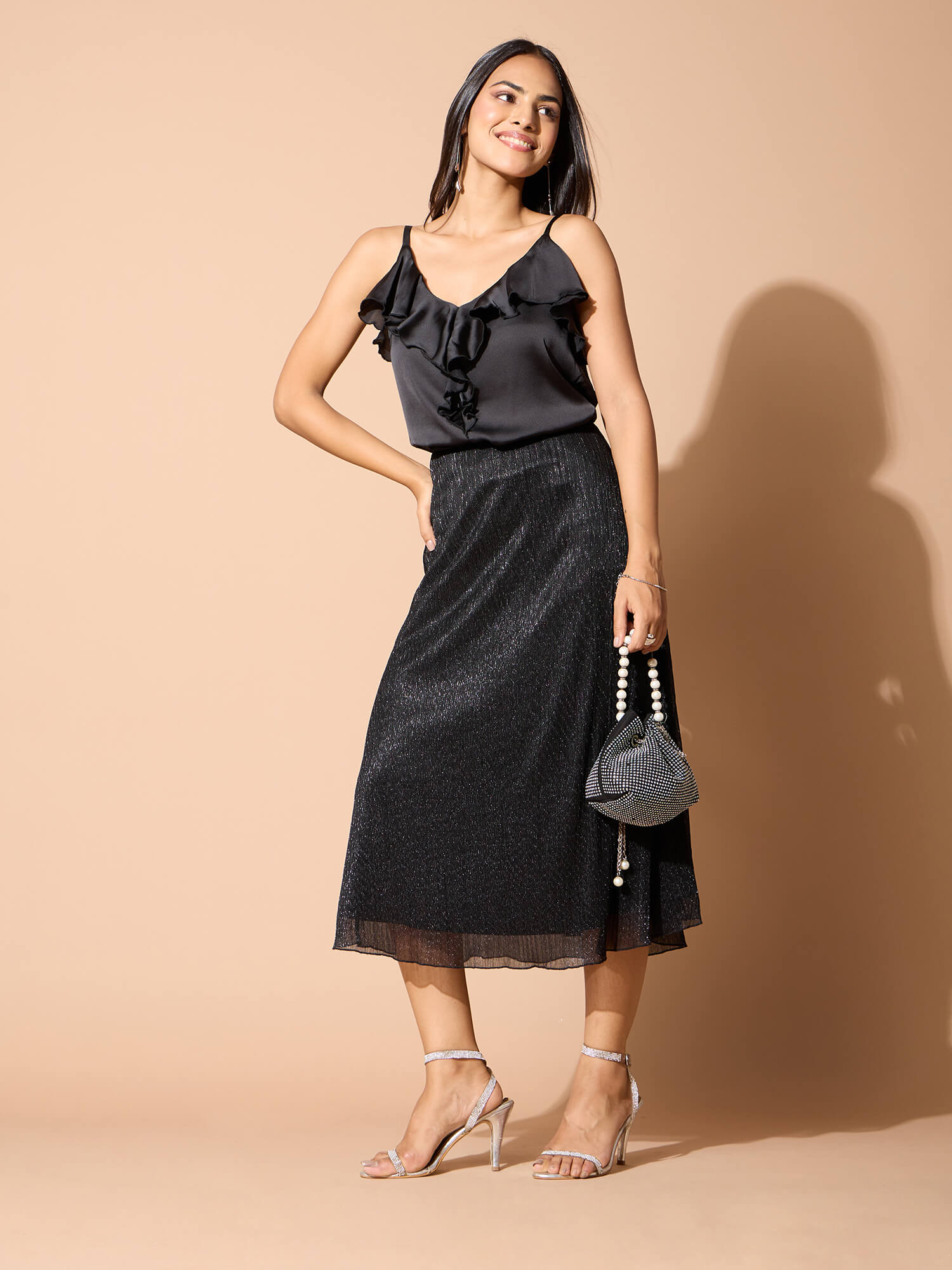 Ciara Plisse Flared Skirt-Black