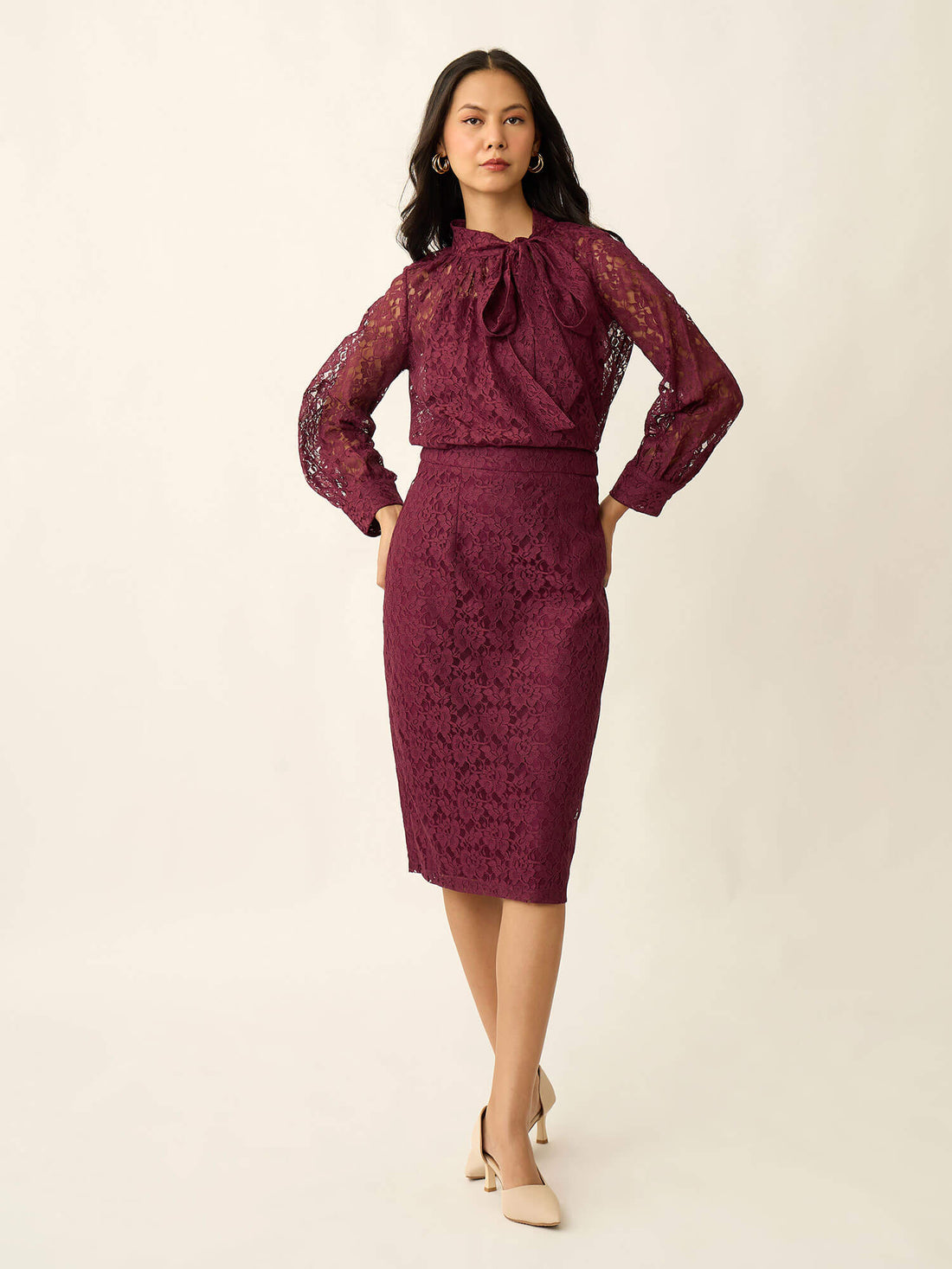 Nira Straight Lace Skirt-Wine