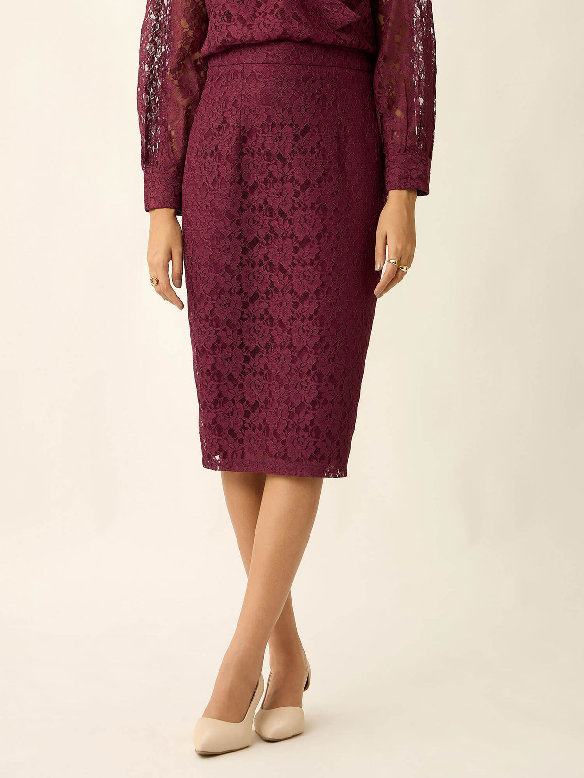 Nira Straight Lace Skirt-Wine