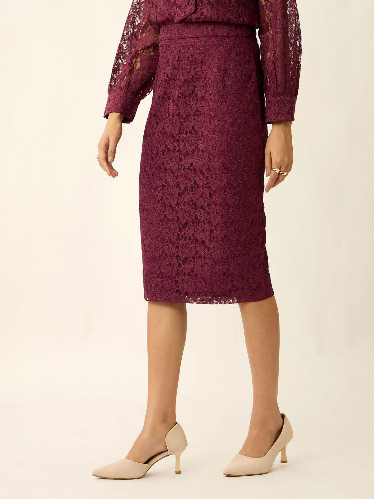 Nira Straight Lace Skirt-Wine