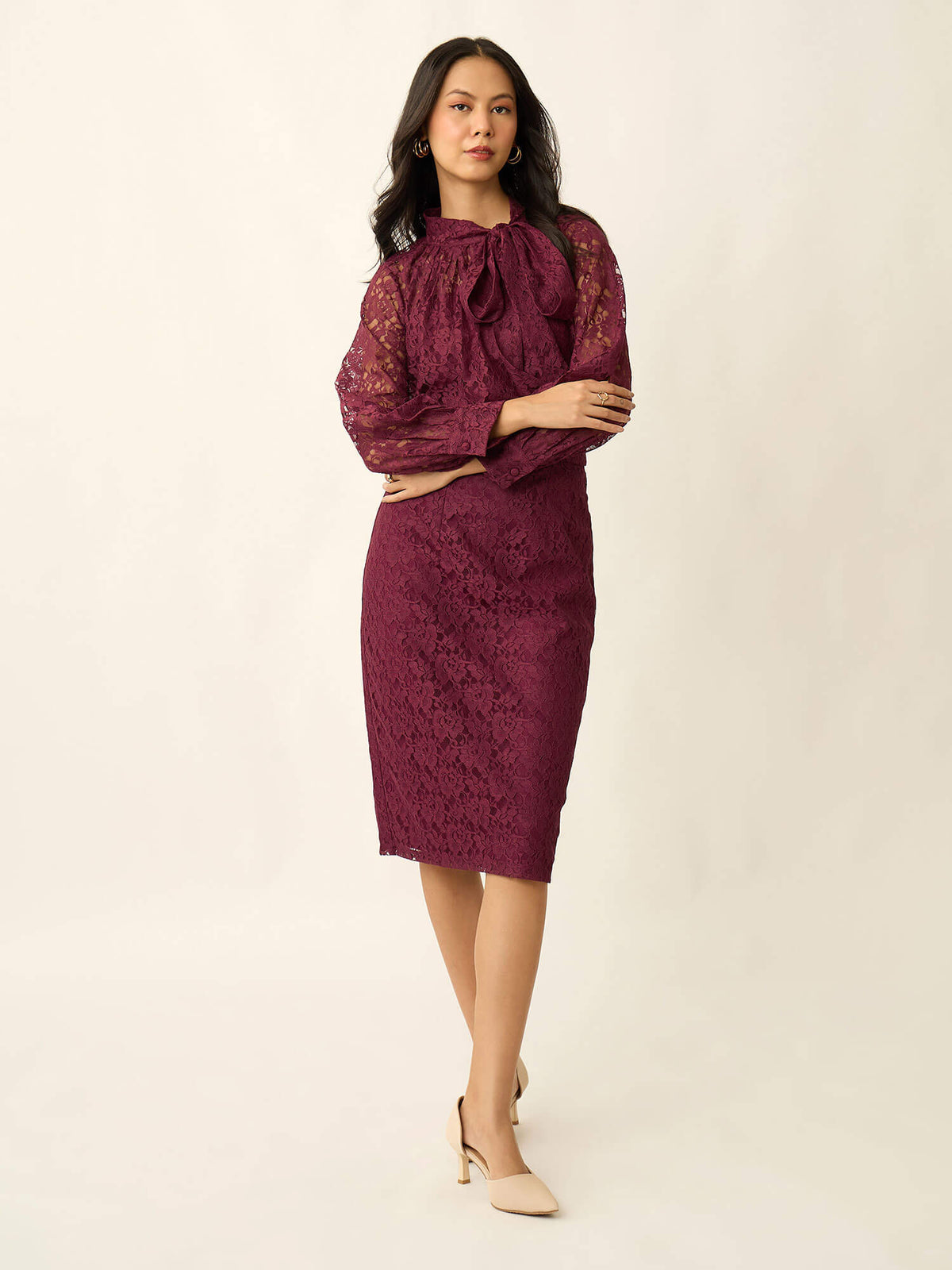 Nira Straight Lace Skirt-Wine