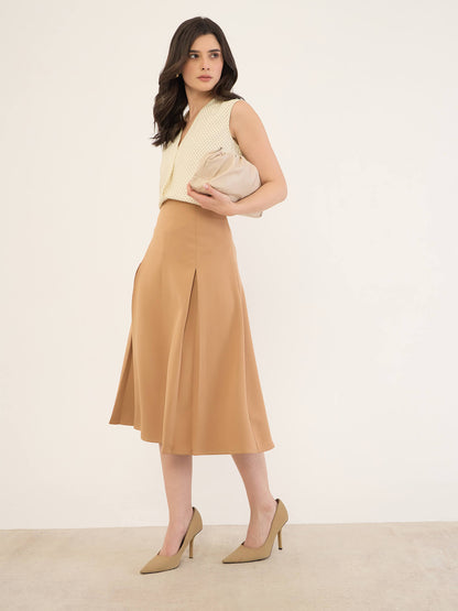 Rolvyn Pleated Flared Skirt -Tan