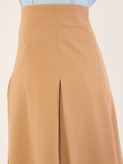 Rolvyn Pleated Flared Skirt -Tan