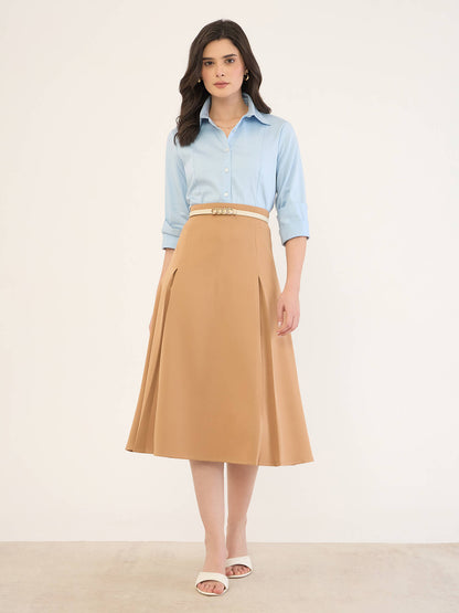 Rolvyn Pleated Flared Skirt -Tan