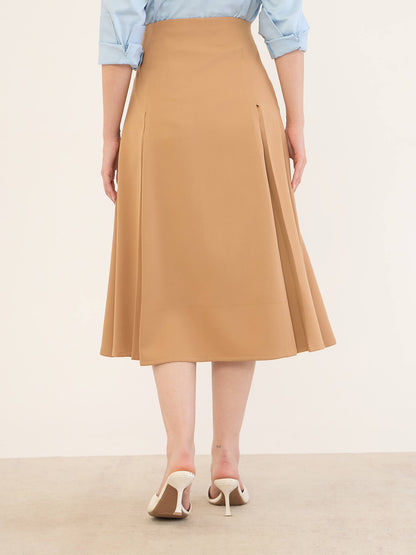 Rolvyn Pleated Flared Skirt -Tan