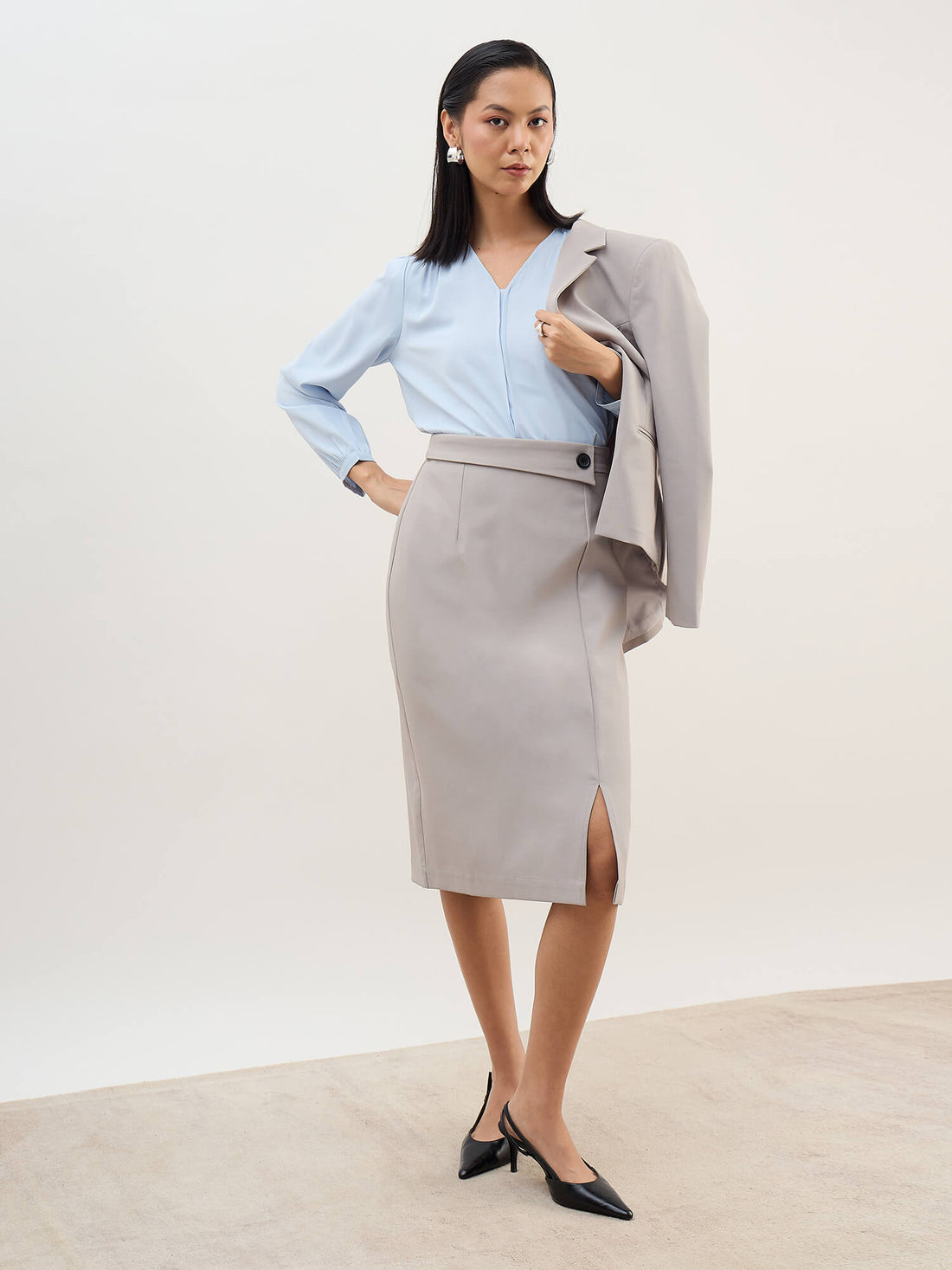 Artsy Flap Detailing Skirt-Grey