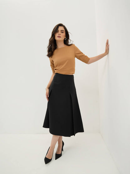 Rolvyn Pleated Flared Skirt-Black