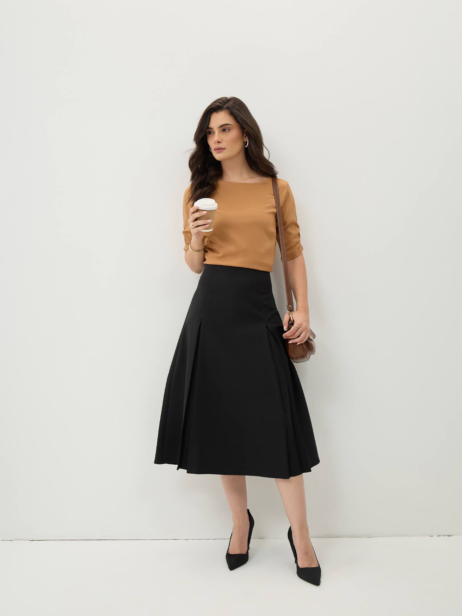 Rolvyn Pleated Flared Skirt-Black