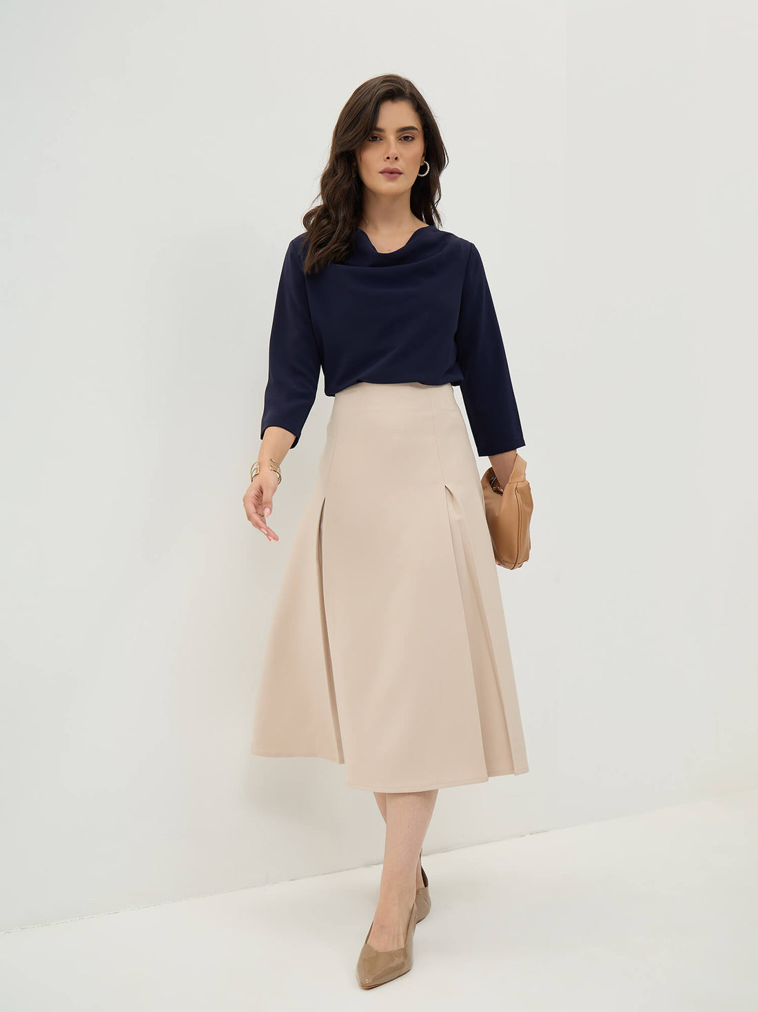 Rolvyn Pleated Flared Skirt-Cream
