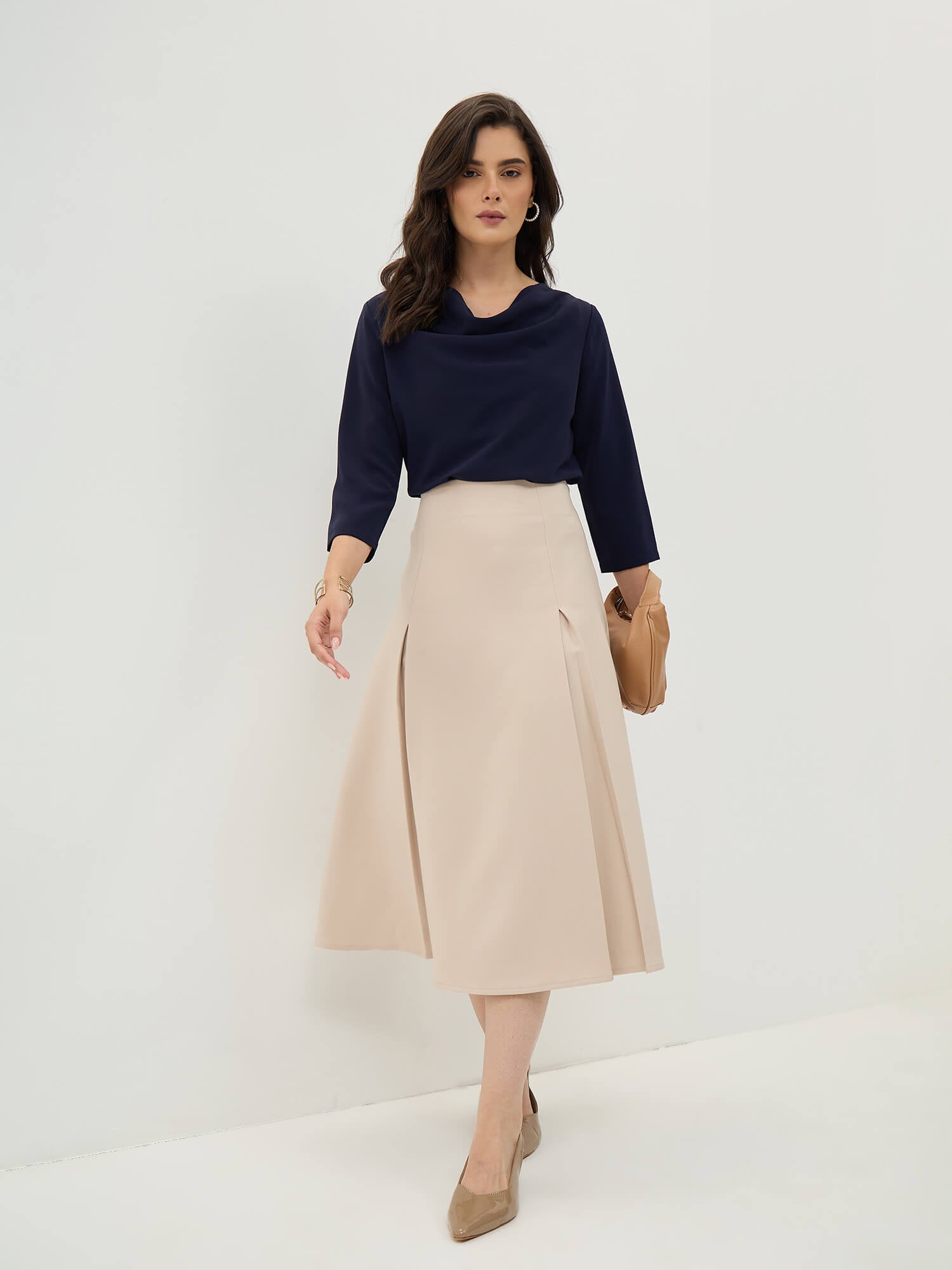 Rolvyn Pleated Flared Skirt-Cream
