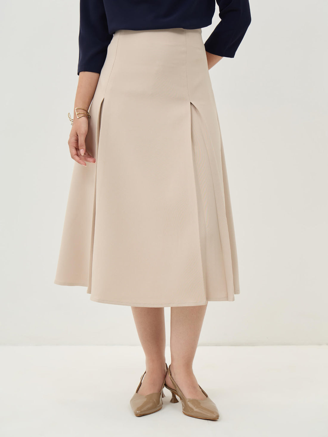 Rolvyn Pleated Flared Skirt-Cream