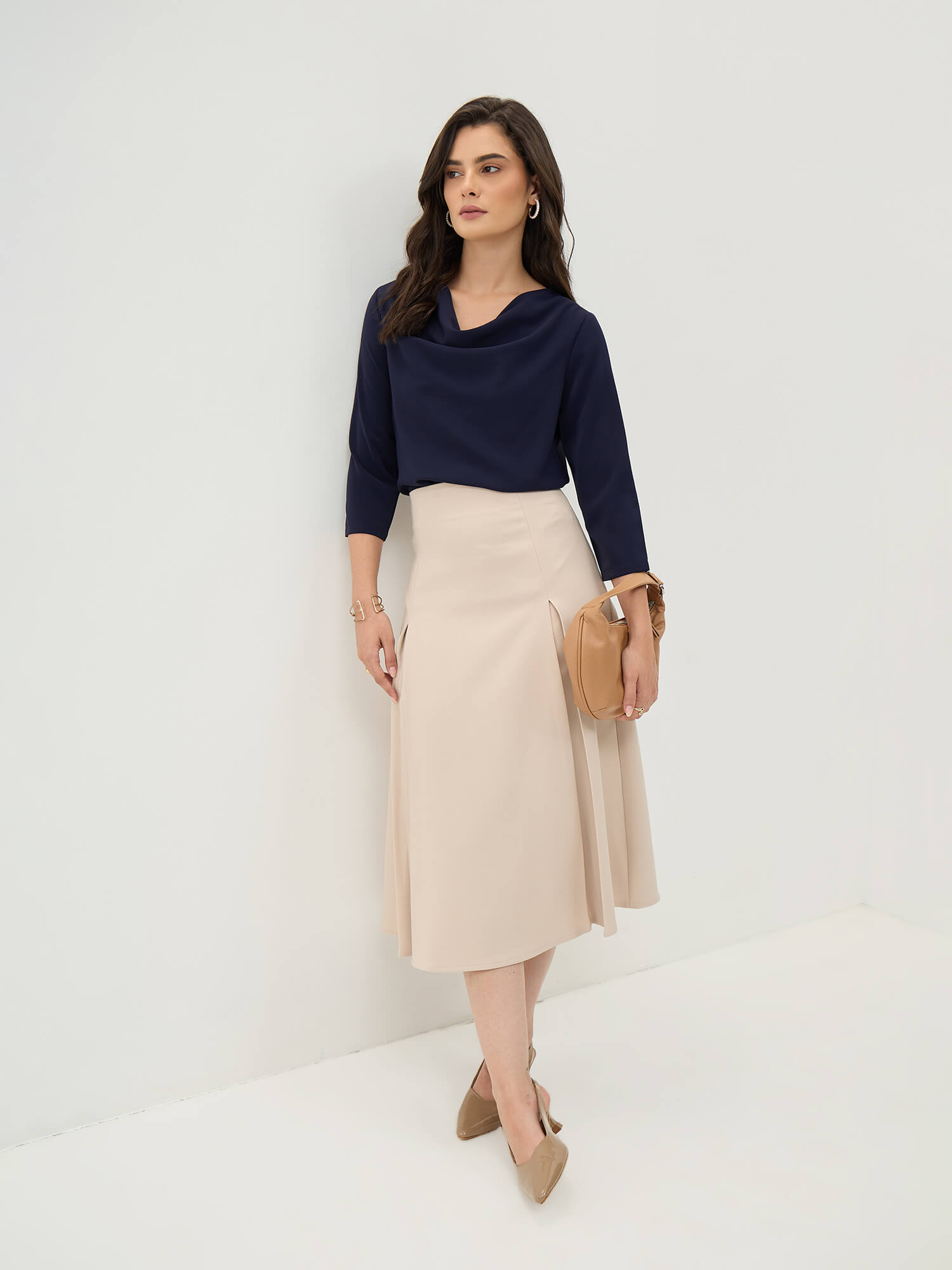 Rolvyn Pleated Flared Skirt-Cream
