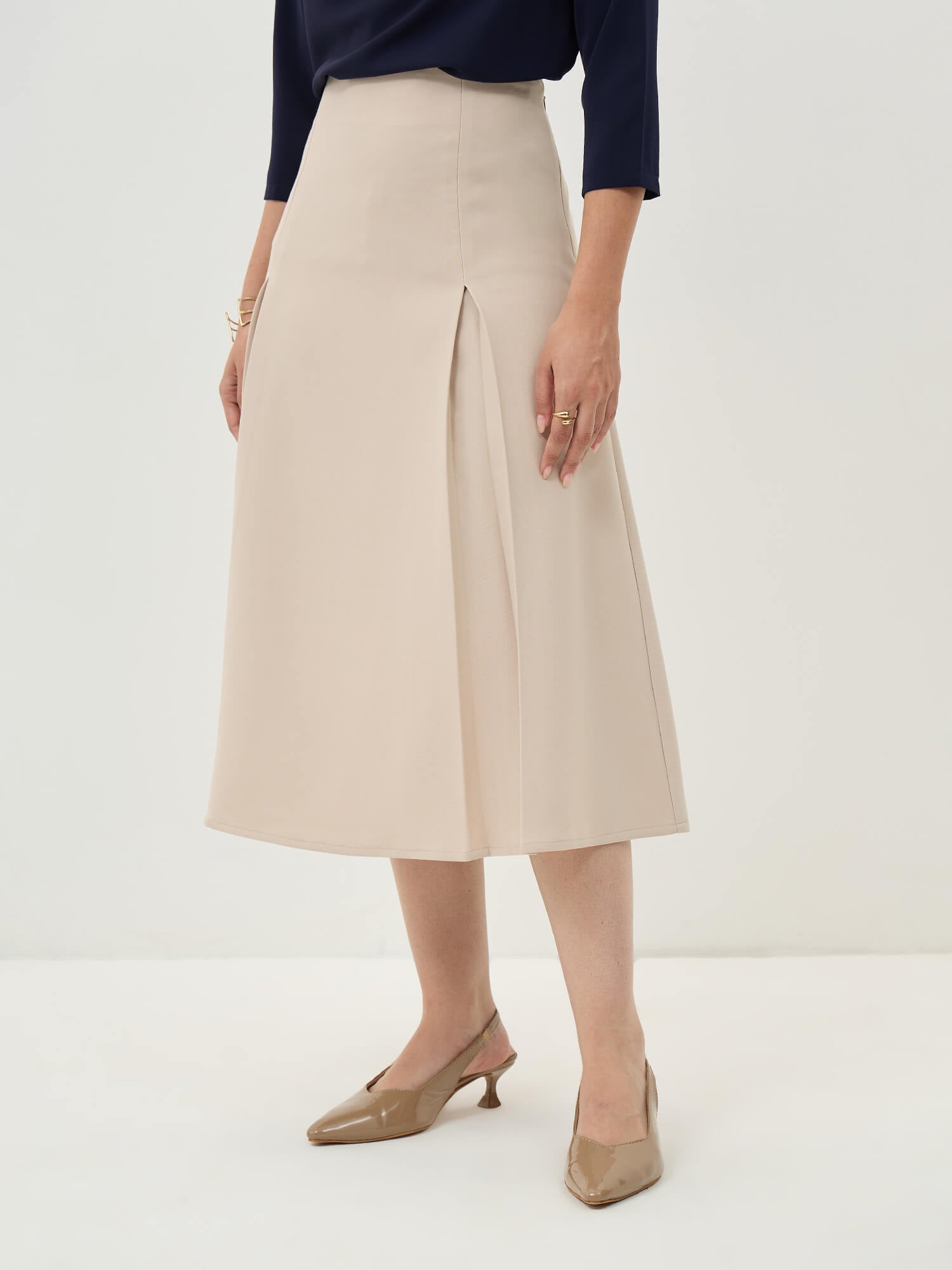 Rolvyn Pleated Flared Skirt-Cream