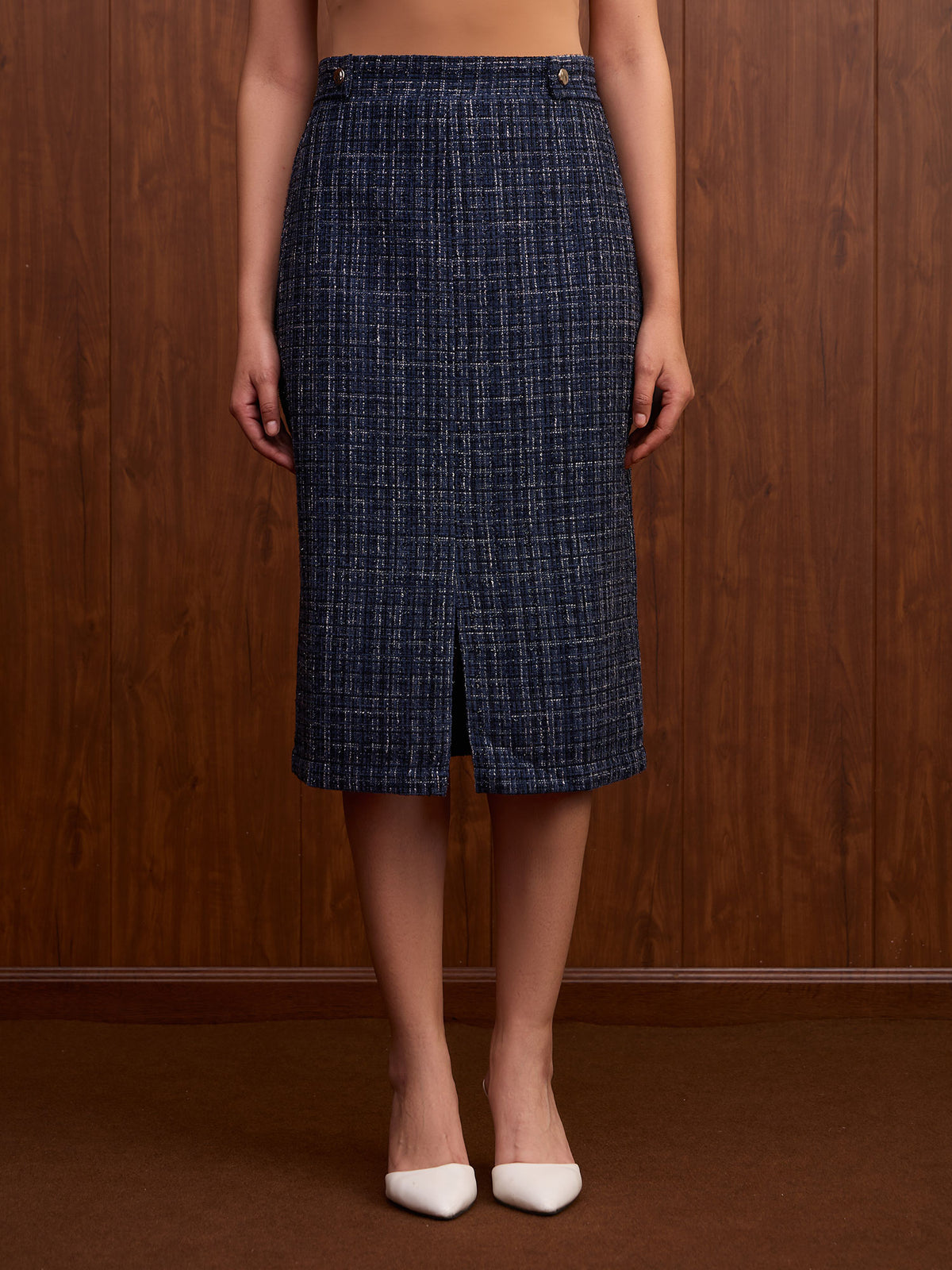 Giselle Tab Detail Tweed Skirt-Navy