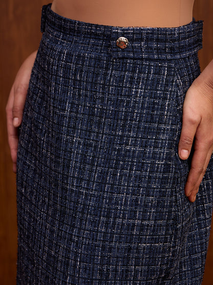 Giselle Tab Detail Tweed Skirt-Navy