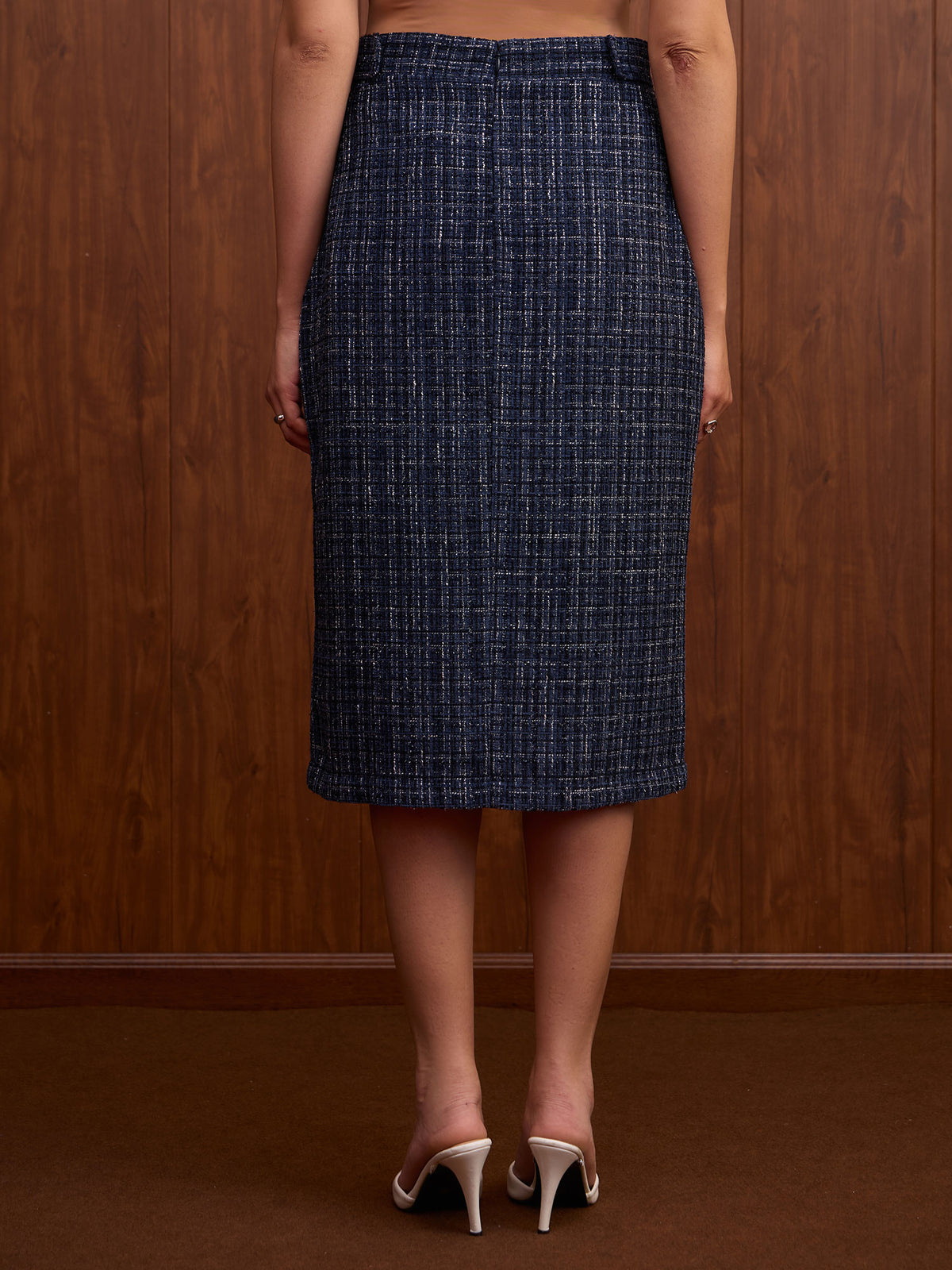 Giselle Tab Detail Tweed Skirt-Navy