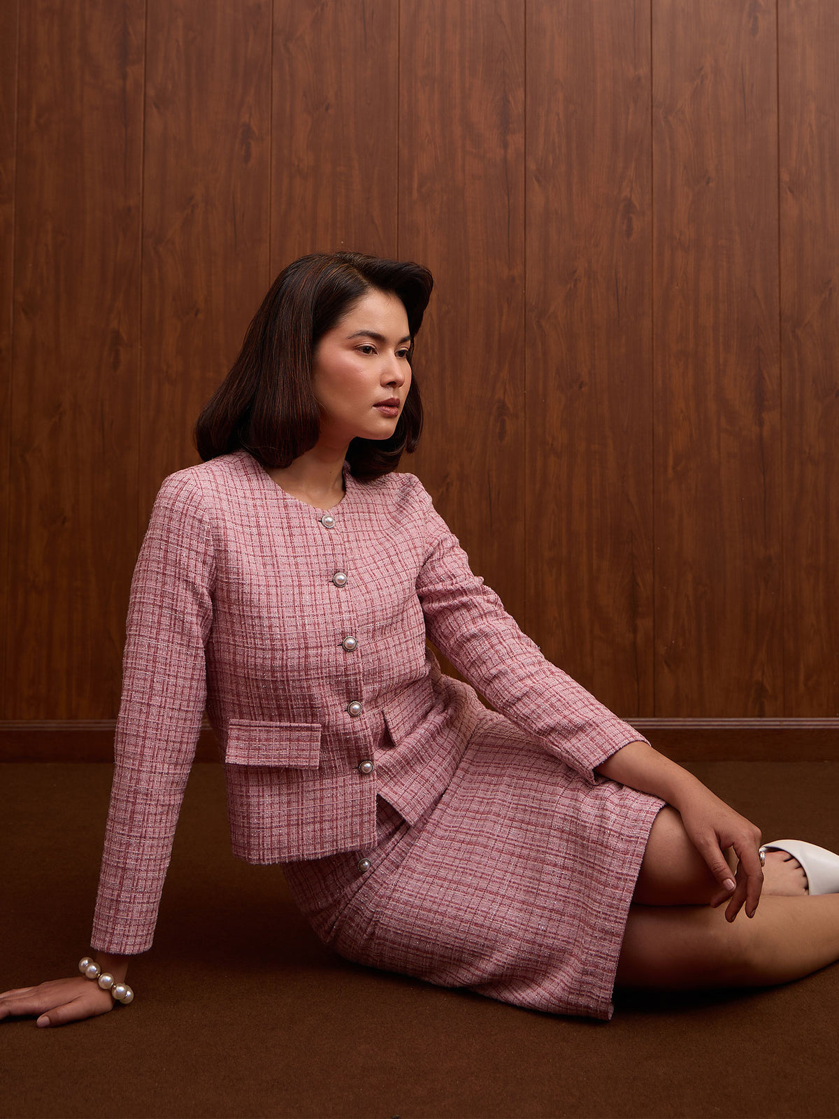 Tinsley Embellished Tweed Skirt-Rose Pink