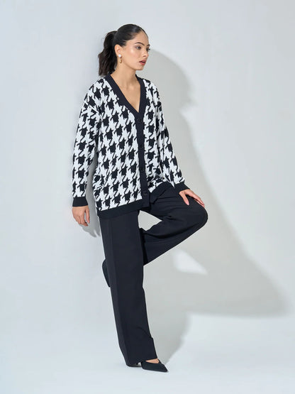 Bergen Houndstooth Knit Cardigan - Black &amp;/White