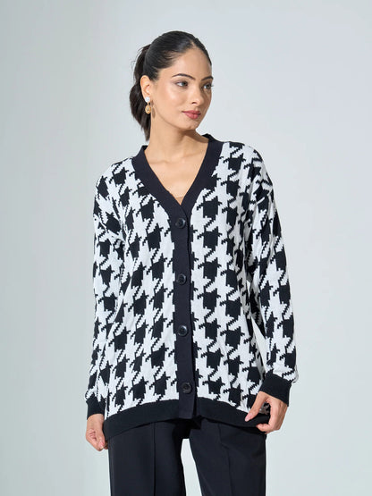 Bergen Houndstooth Knit Cardigan - Black &amp;/White