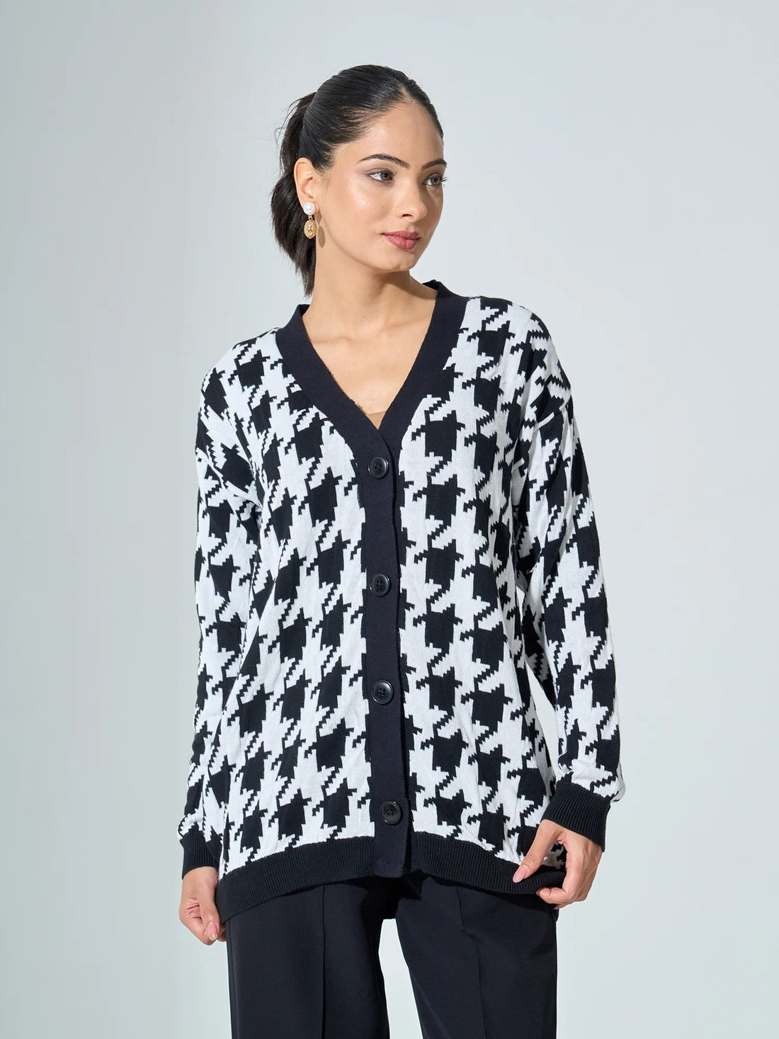 Bergen Houndstooth Knit Cardigan - Black &amp;/White