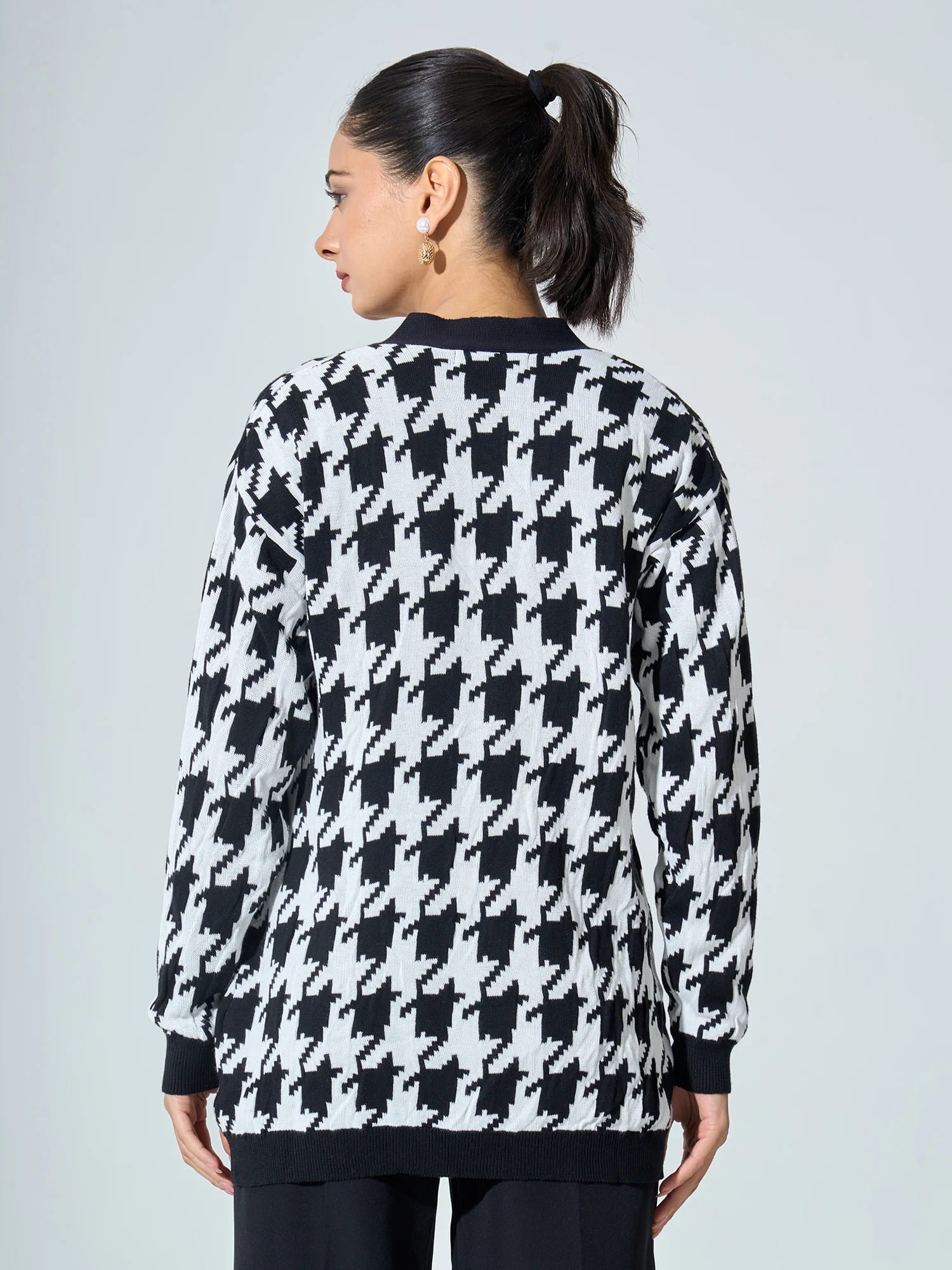 Bergen Houndstooth Knit Cardigan - Black &amp;/White