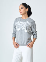 Ginny Appliqué  Sweater - Grey & White