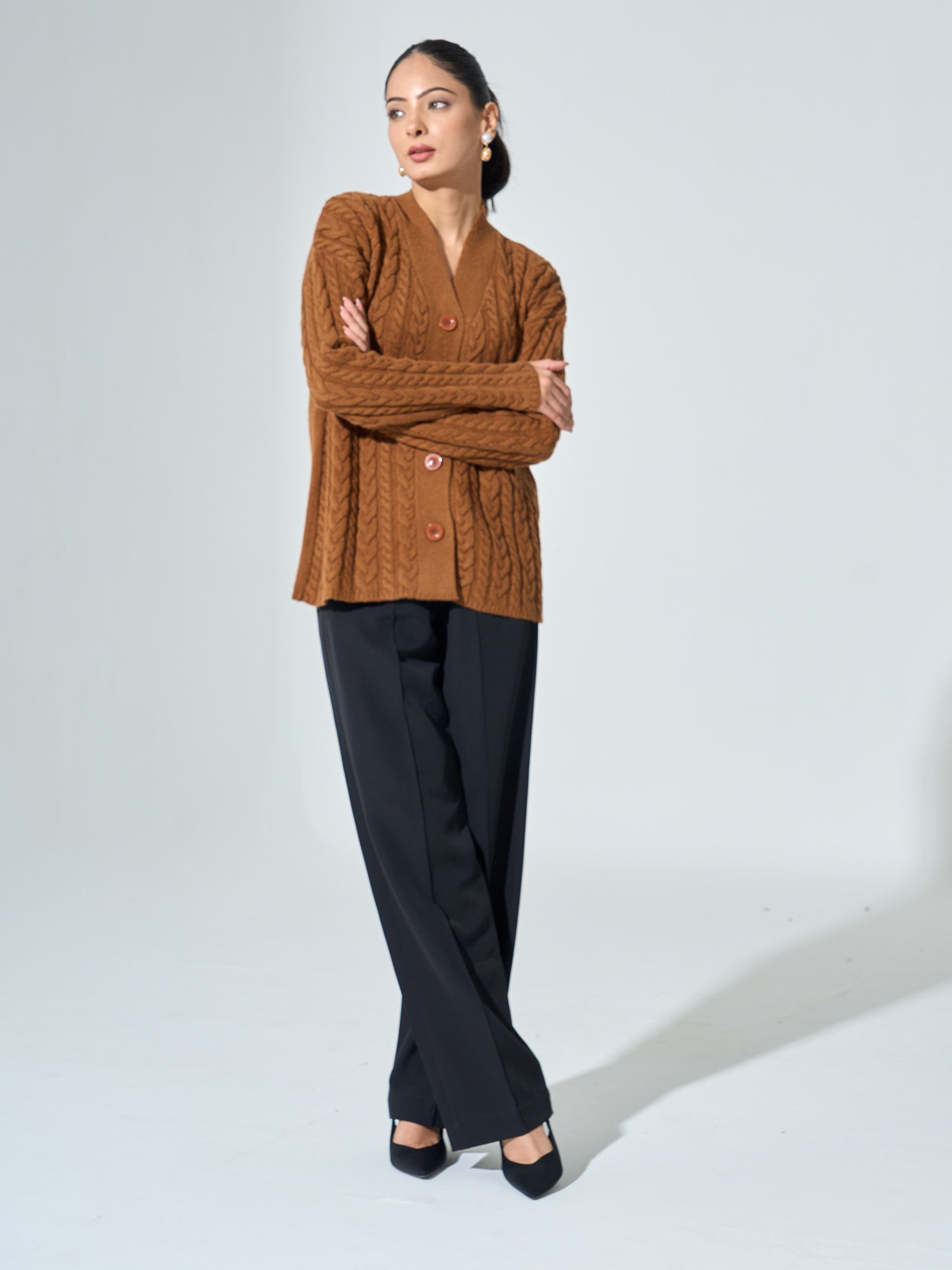 Nordic-Tan Cable Knit Cardigan - Tan