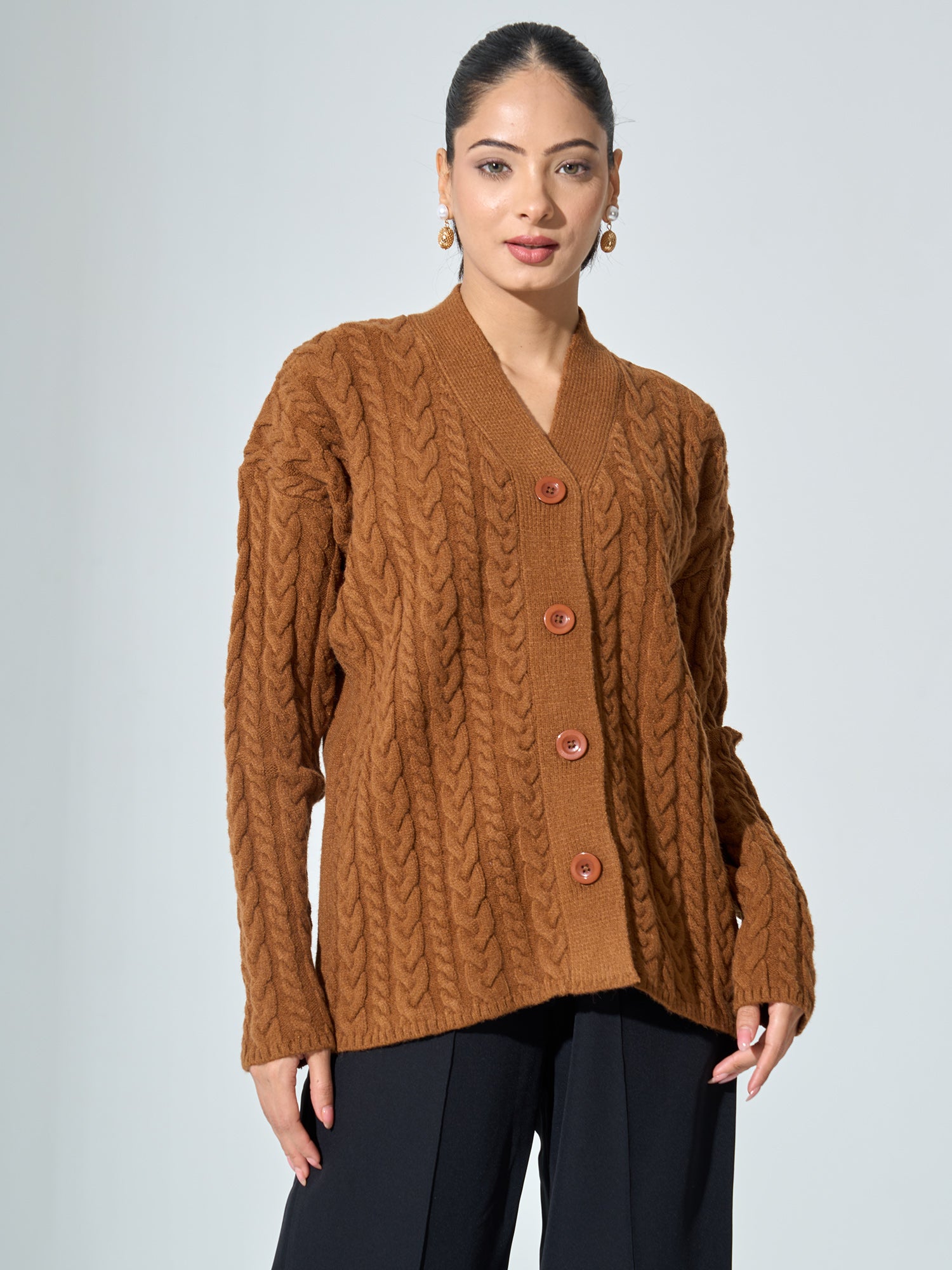 Nordic-Tan Cable Knit Cardigan - Tan