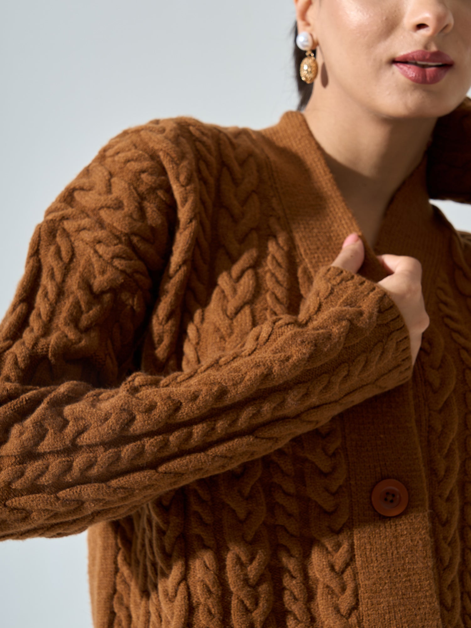 Nordic-Tan Cable Knit Cardigan - Tan