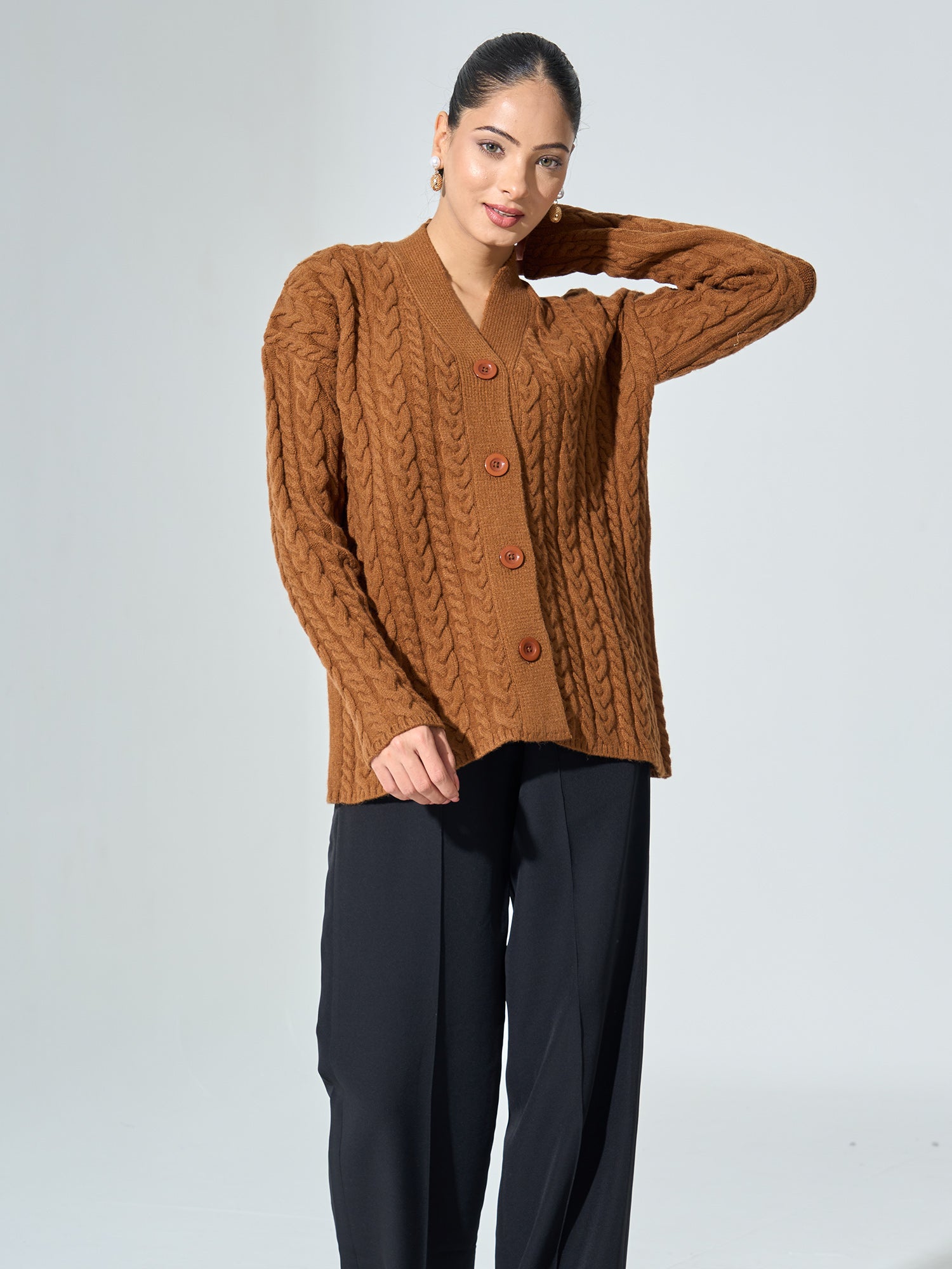 Nordic-Tan Cable Knit Cardigan - Tan