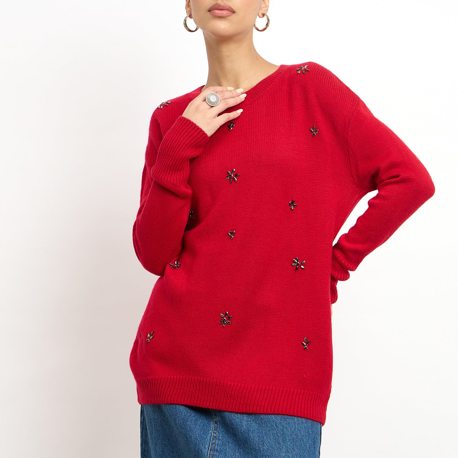 Perla Embellished Round Neck Sweater - Red