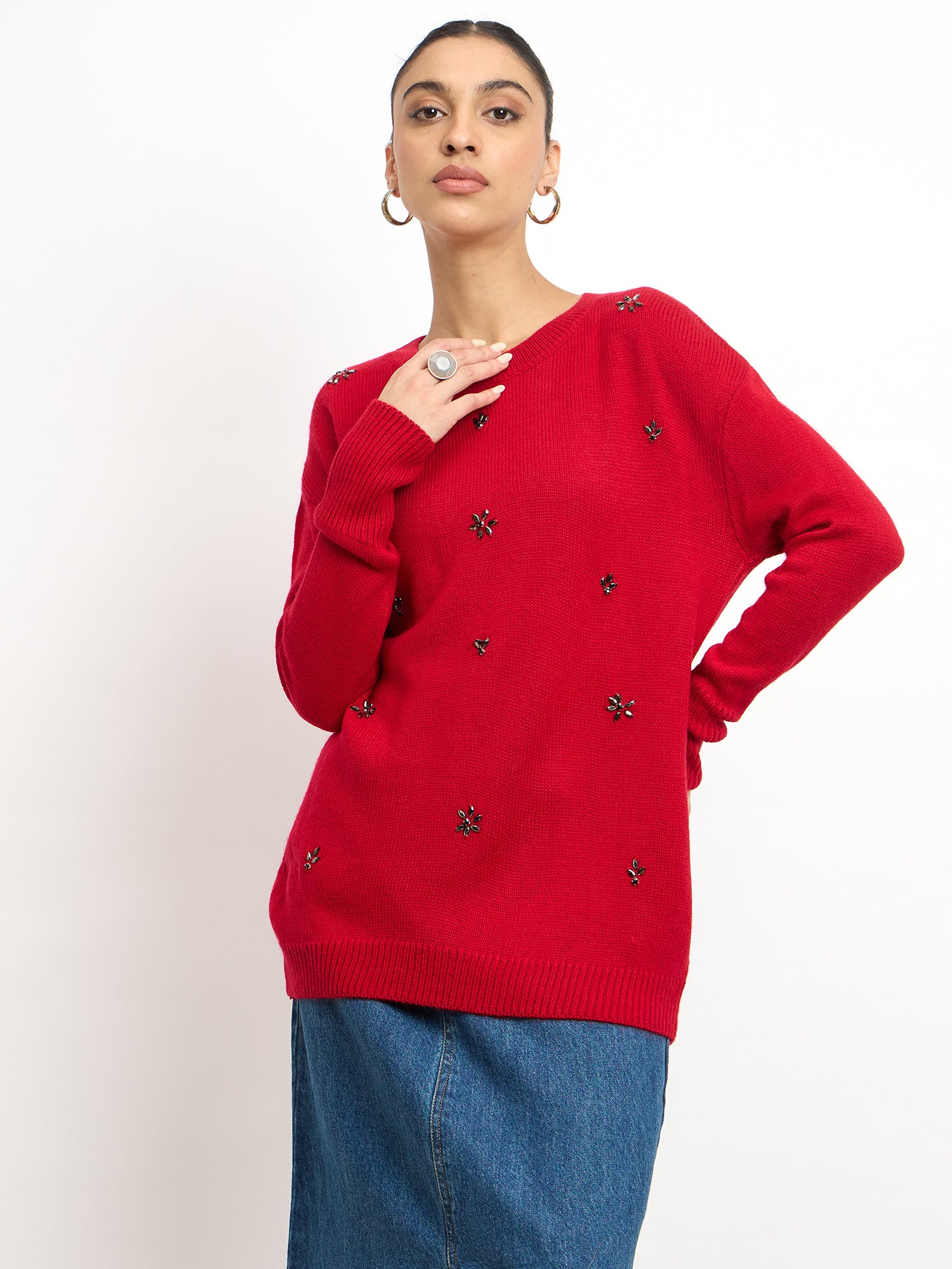 Perla Embellished Round Neck Sweater - Red