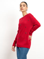 Perla Embellished Round Neck Sweater - Red