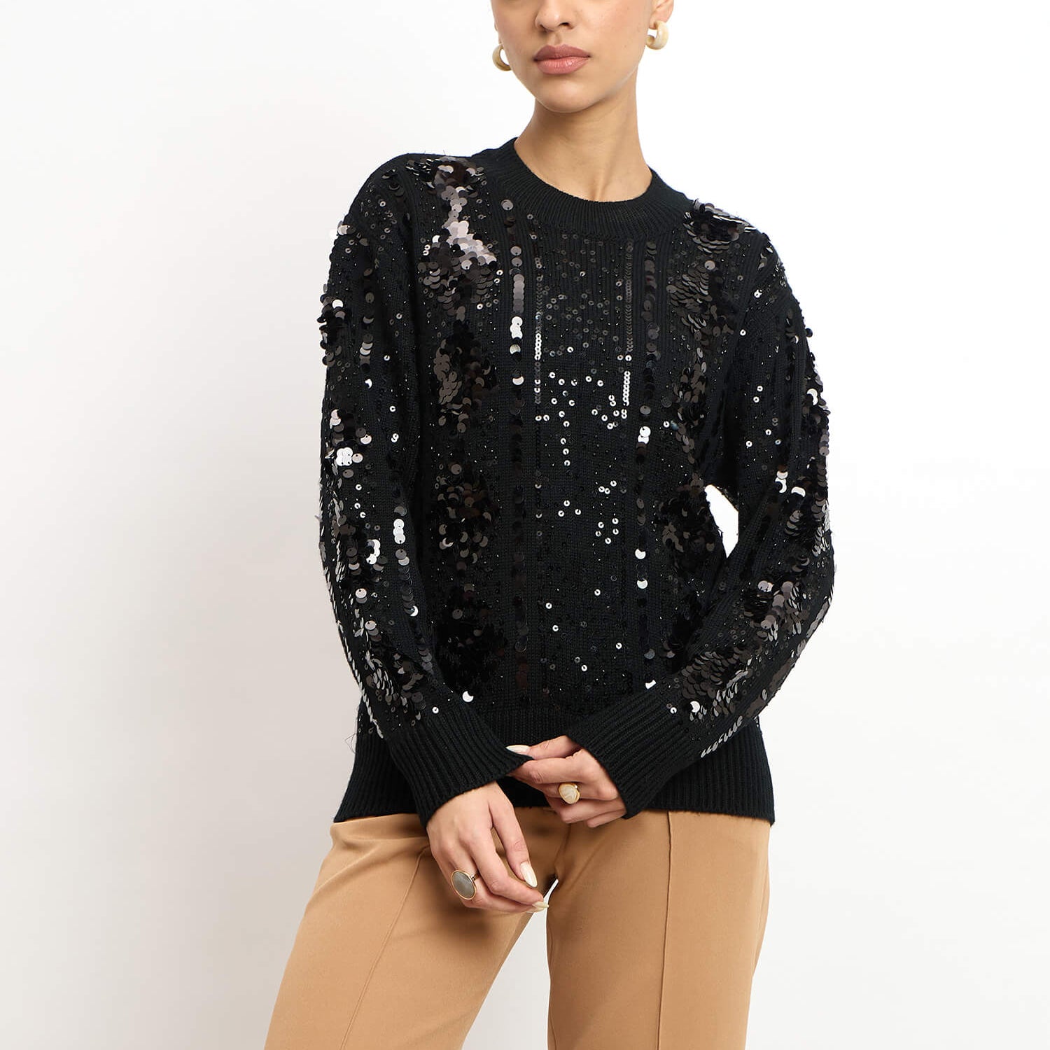 Starry Embellished Round Neck Sweater - Black