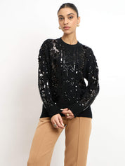 Starry Embellished Round Neck Sweater - Black