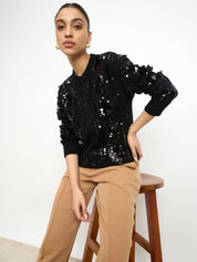 Starry Embellished Round Neck Sweater - Black