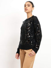 Starry Embellished Round Neck Sweater - Black