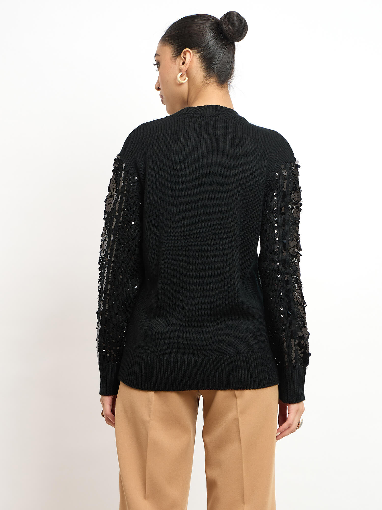 Starry Embellished Round Neck Sweater - Black