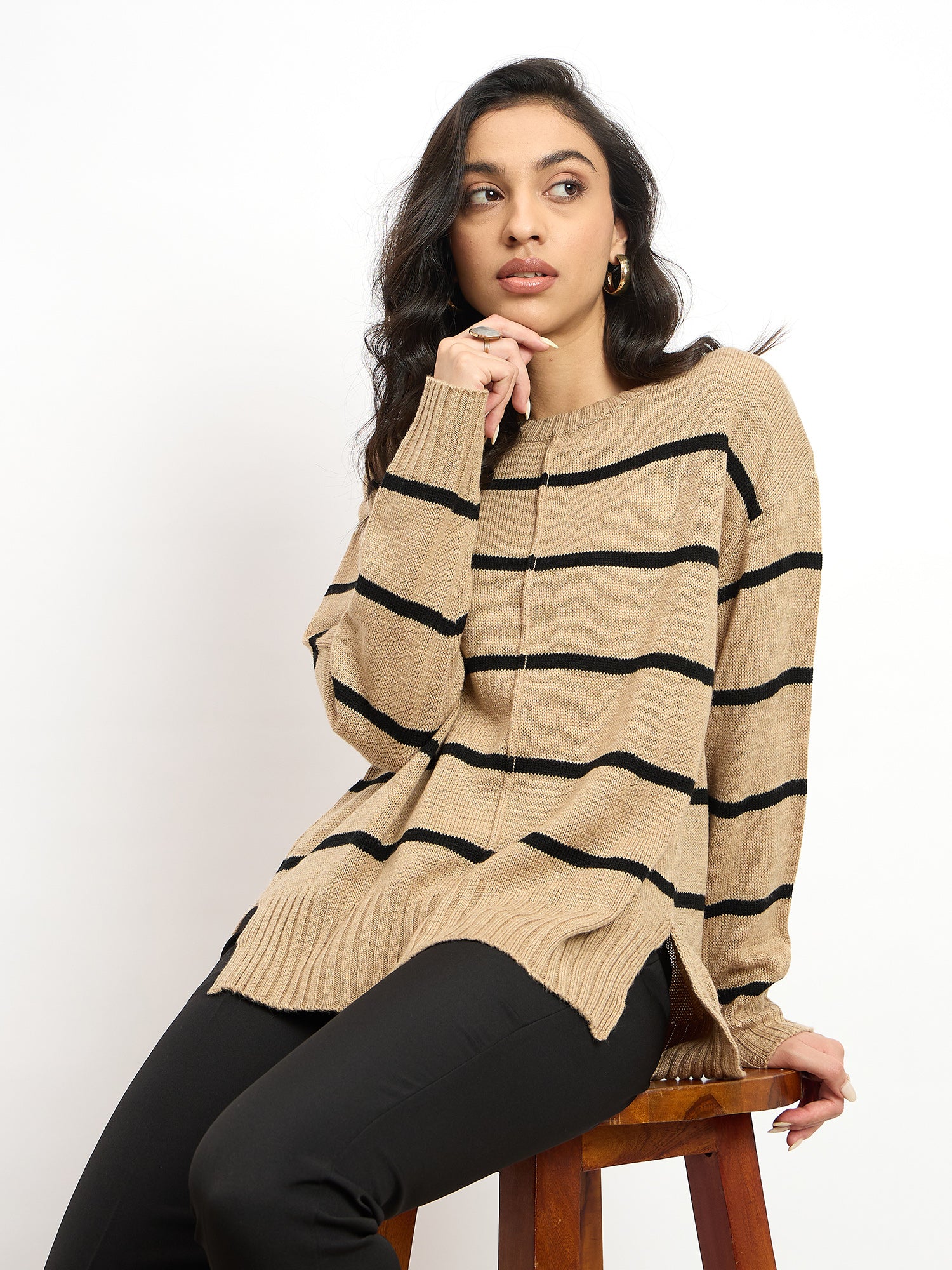 Penelope Striped Knit Sweater - Beige