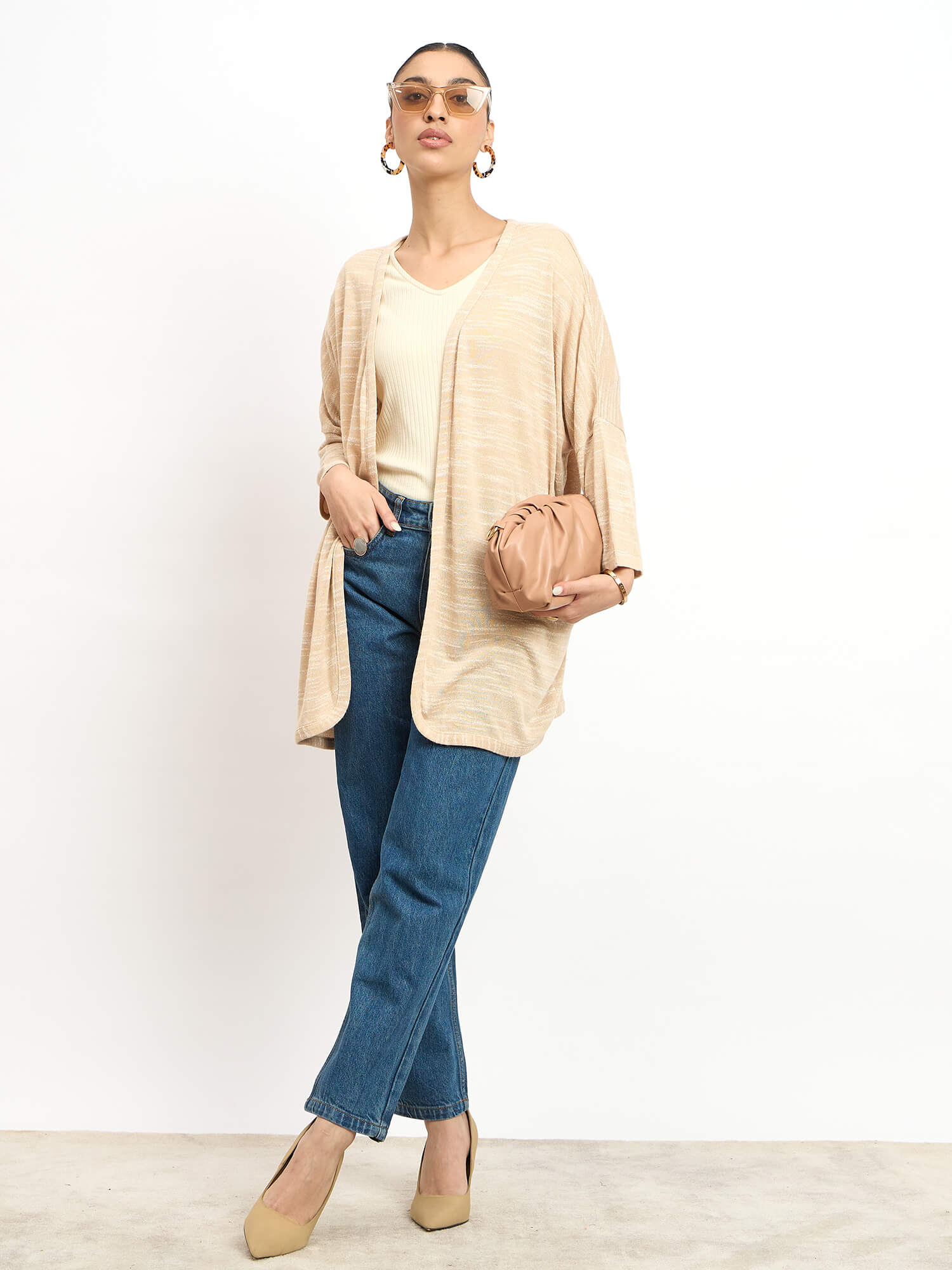 Tapioca Longline Open Front Shrug - Beige