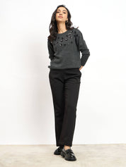 Marcelyn Embellished Round Neck Sweater - Dark Grey