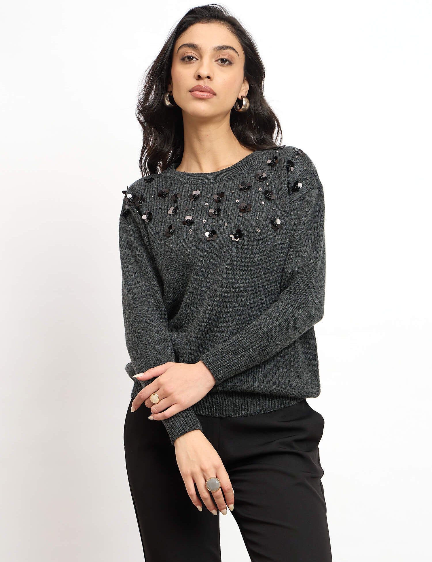 Marcelyn Embellished Round Neck Sweater - Dark Grey