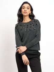 Marcelyn Embellished Round Neck Sweater - Dark Grey