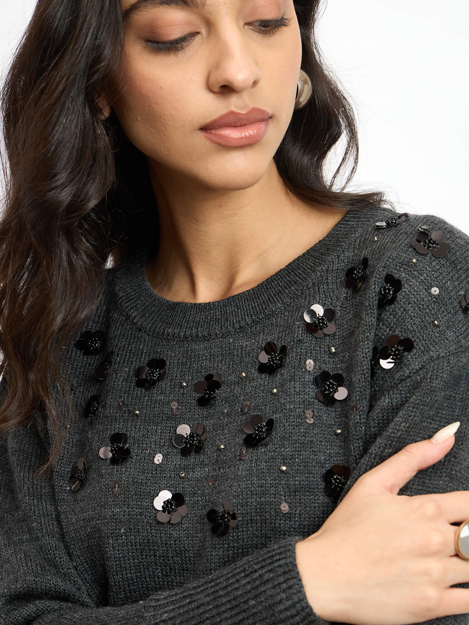 Marcelyn Embellished Round Neck Sweater - Dark Grey