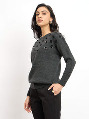 Marcelyn Embellished Round Neck Sweater - Dark Grey