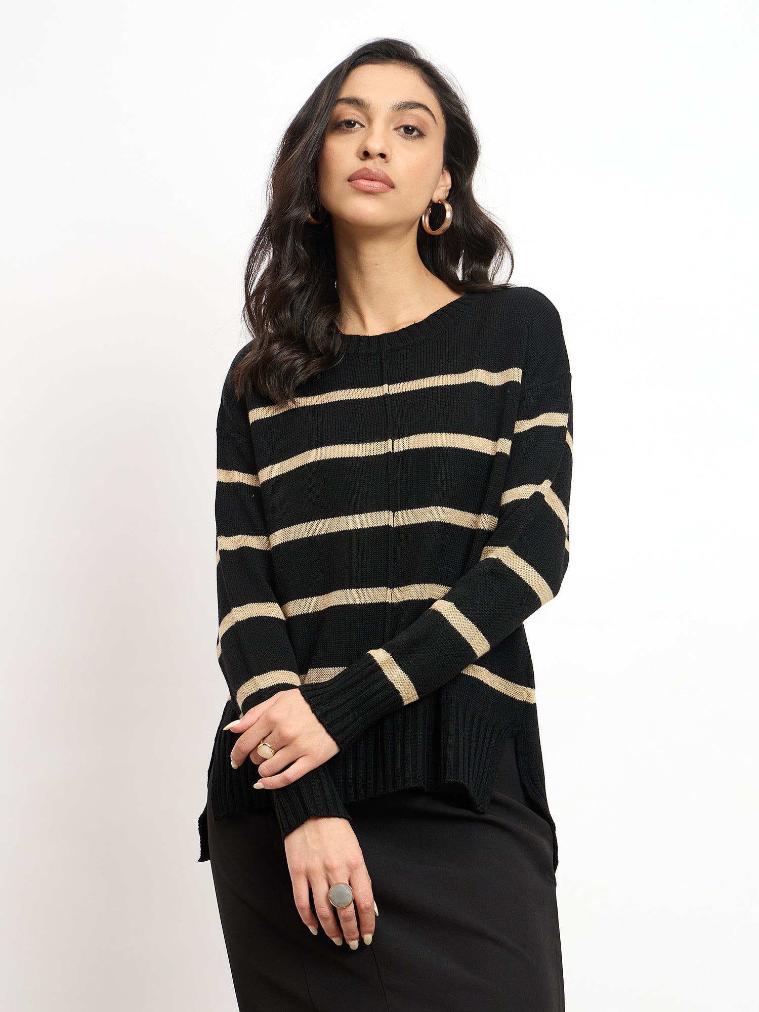 Penelope Striped Knit Sweater - Black