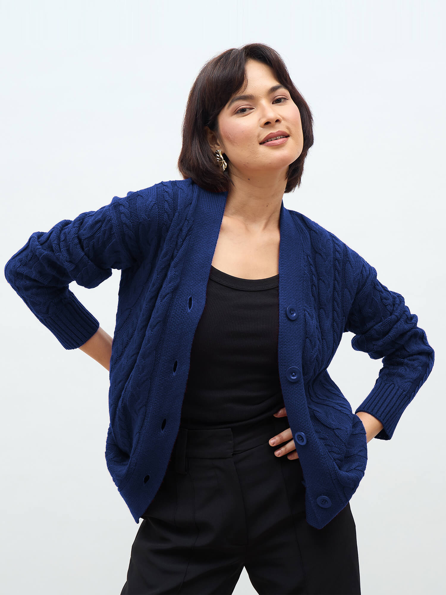 Tabitha Cable Knit Cardigan-Navy