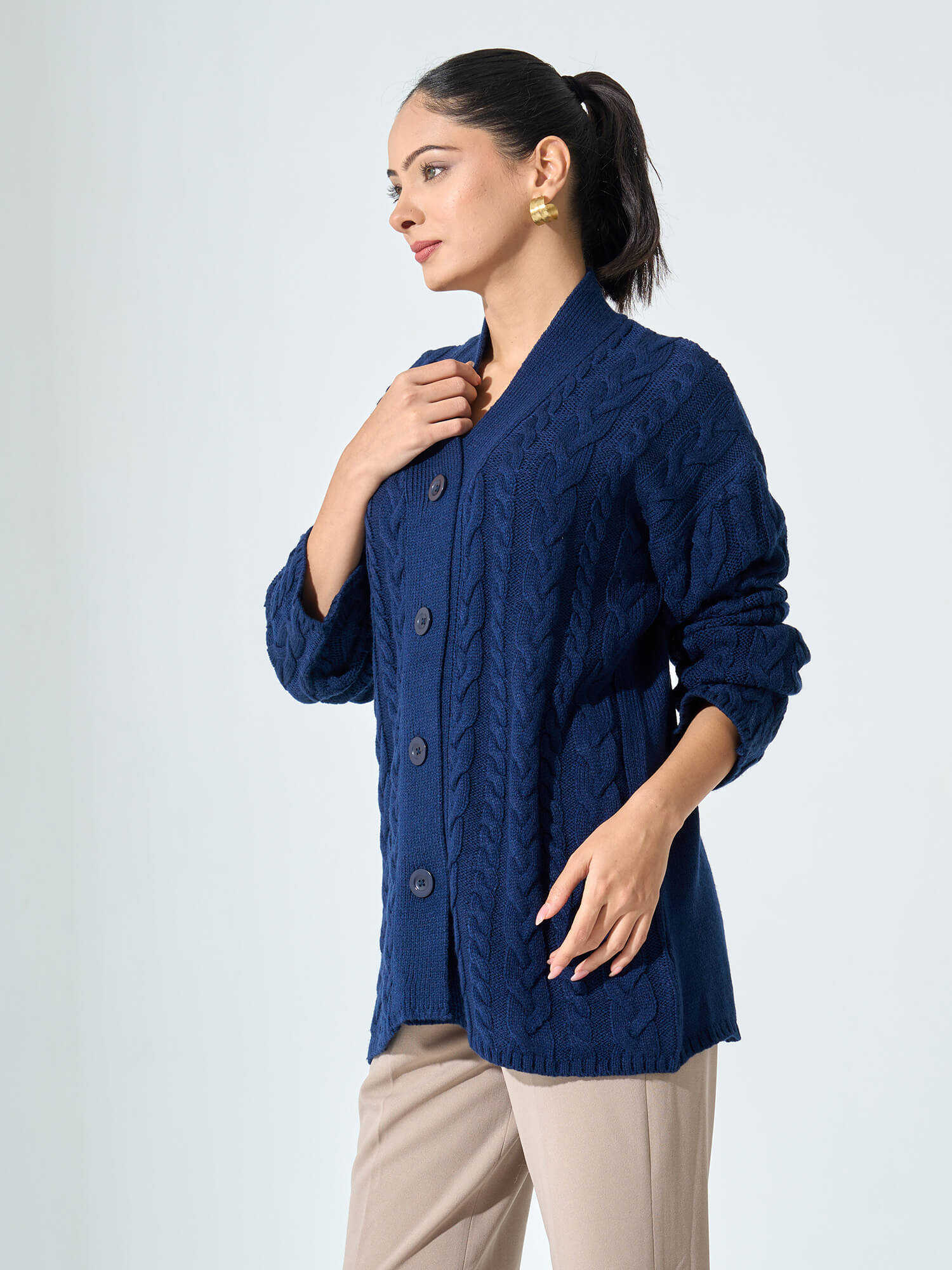 Tabitha Cable Knit Cardigan-Navy